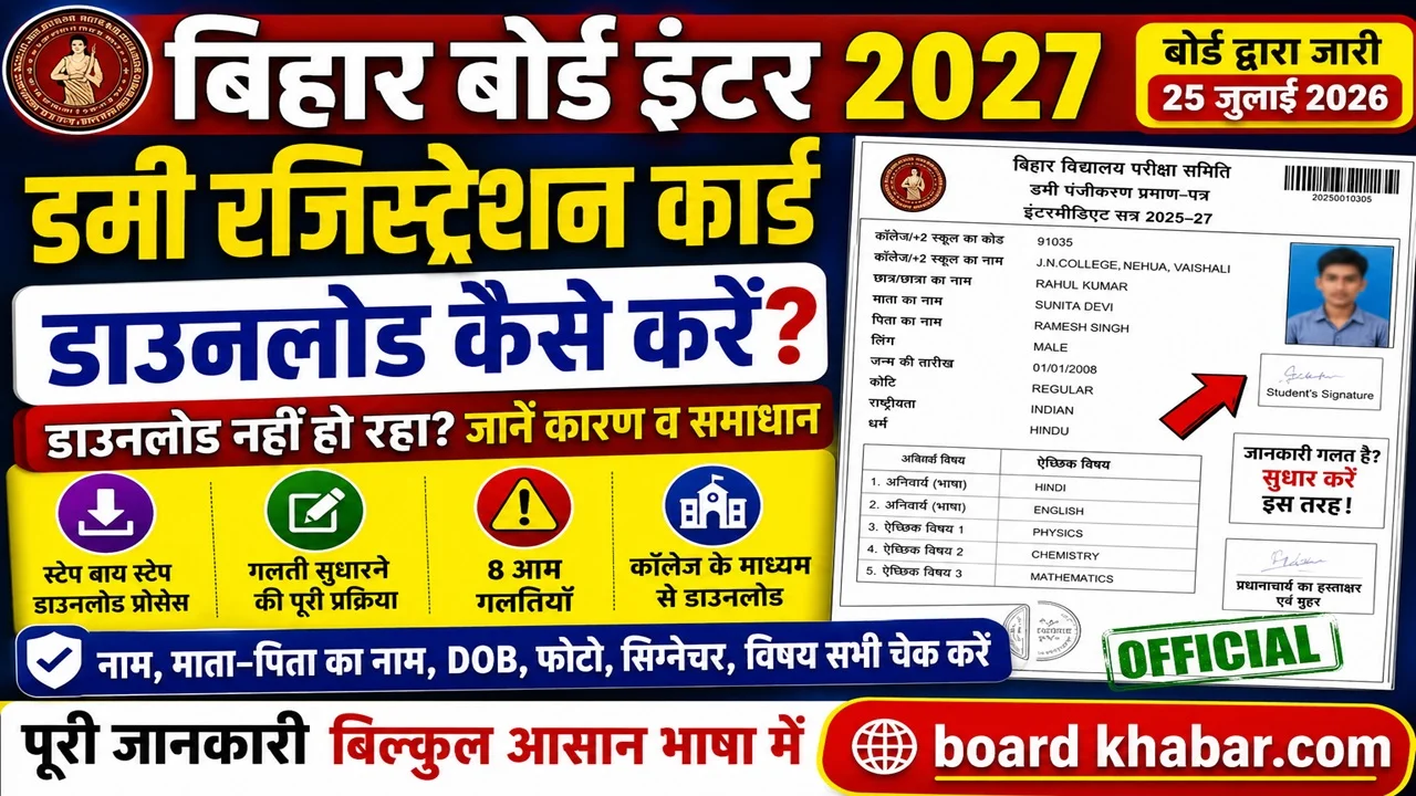 Read more about the article Bihar Board Inter Dummy Registration Card 2027: डाउनलोड नहीं हो रहा तो क्या करें? सुधार की पूरी प्रक्रिया