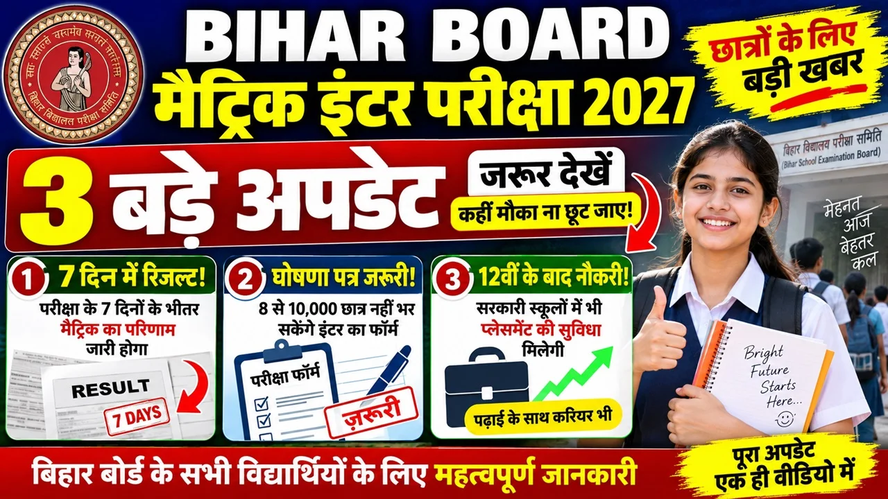 Read more about the article Bihar Board Matric Inter Exam 2027: तीन बड़े अपडेट, रिजल्ट और परीक्षा फॉर्म को लेकर जरूरी खबर