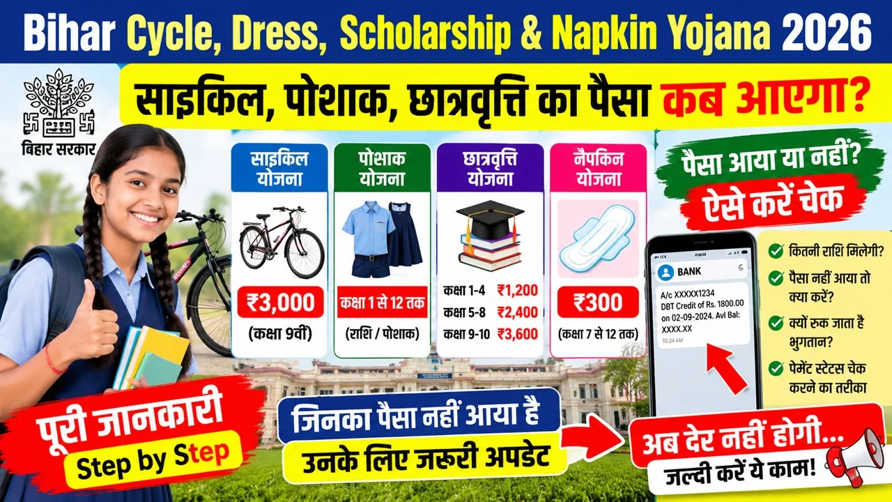 Read more about the article Bihar Cycle Scholarship 9th Payment 2026 Paisa Kab Aaega : पैसा आया या नहीं? ऐसे करें Status Check