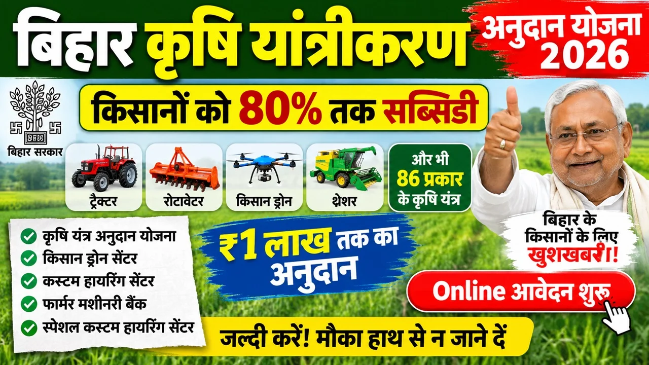 Read more about the article Bihar Krishi Yantrikaran Anudan Yojana 2026: किसानों को 80% तक सब्सिडी, ऐसे करें ऑनलाइन आवेदन